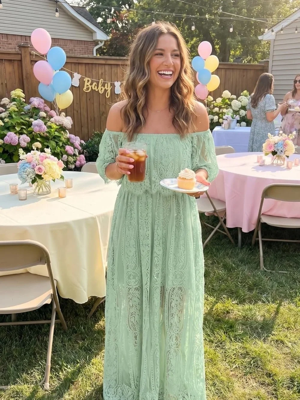 Mint Green Off-Shoulder Lace boho gown Maxi Dress